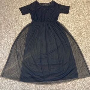 *NWOT* Candalite Woman Black Stretch Lace & Tulle Maxi Dress Gown, Sz 2X, 18/20